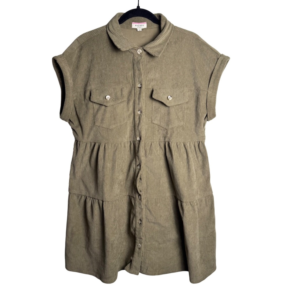 Taupe Corduroy Babydoll Tunic Tiered Button Front Cottagecore Boho Top Large